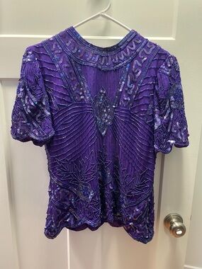 LAURENCE KAZAR Vintage Purple Beaded Sequin Blouse Silk Short Sleeve Top Size PM